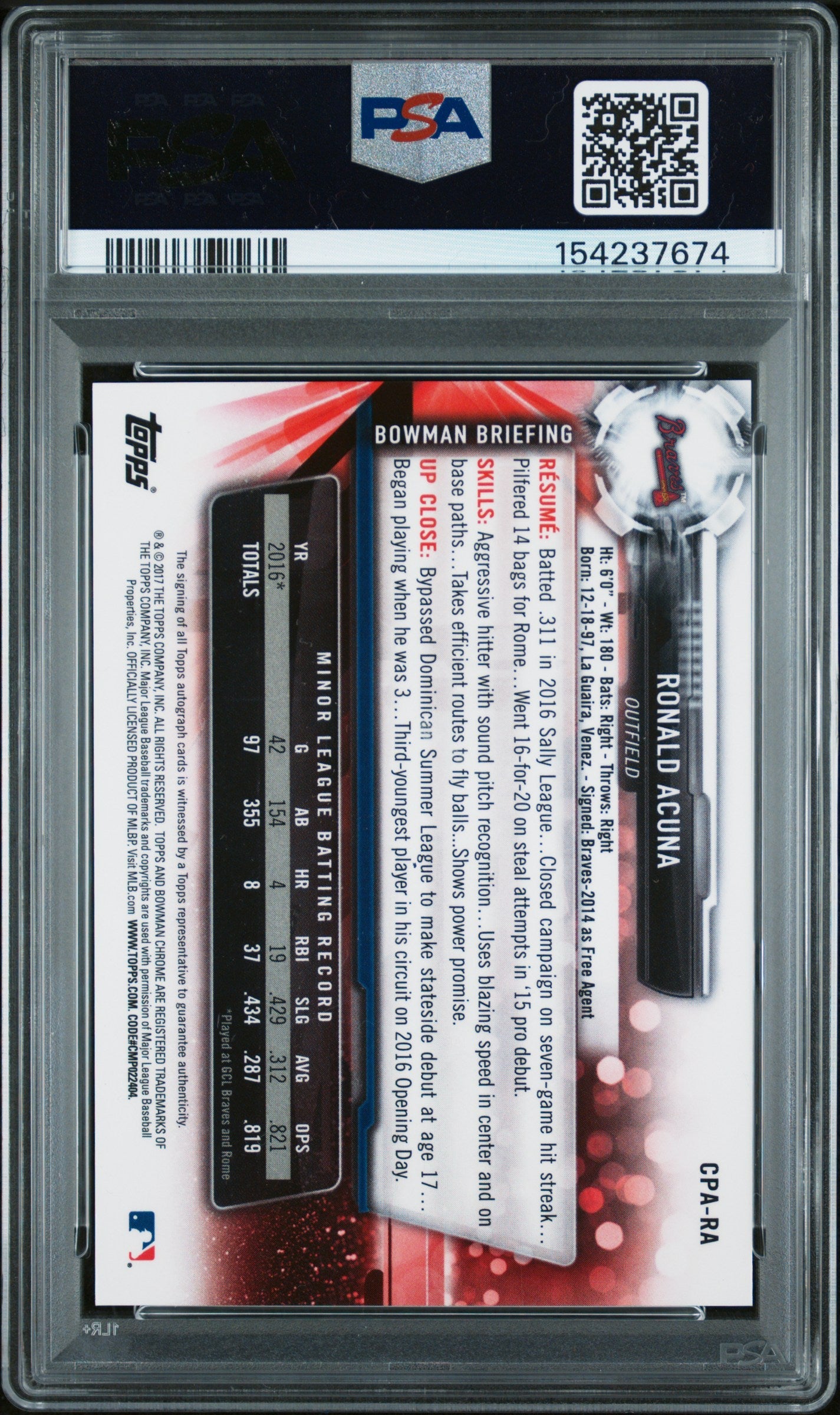2017 Bowman Chrome Prospect Autograph Ronald Acuna #CPA-RA PSA 9