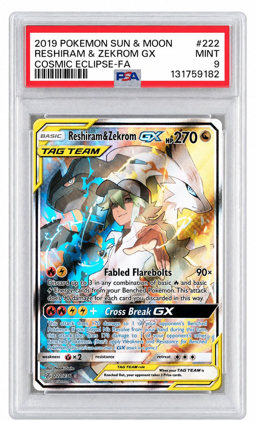 2019 Pokemon Sun and Moon Cosmic Eclipse Reshiram/Zekrom Gx #222 PSA 9