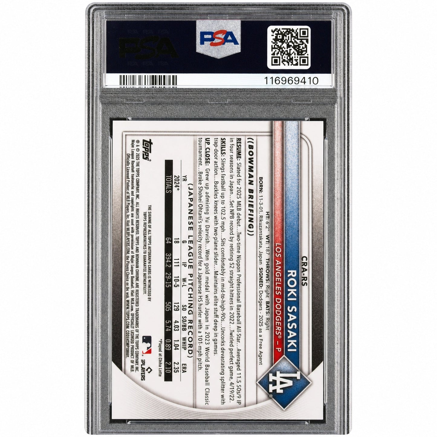 2025 Chrome Rookie Autographs Yellow Refractors Roki Sasaki #CRARS /75 PSA 9