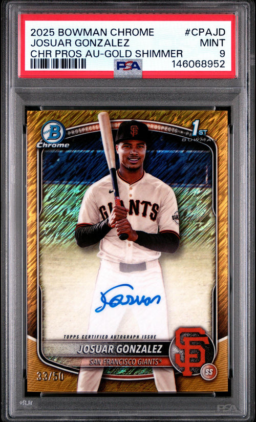 2025 Bowman Chrome Prospect Autograph Gold Shimmer Refractor Josuar Gonzalez #CPAJD /50 PSA 9