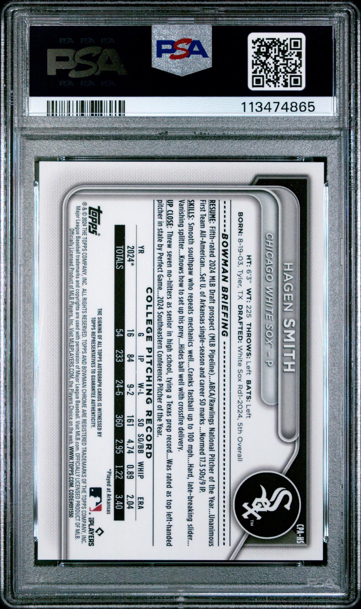 2024 Bowman Draft Chrome Prospect Autographs Gold Refractor Hagen Smith #CPAHS /50 PSA 10