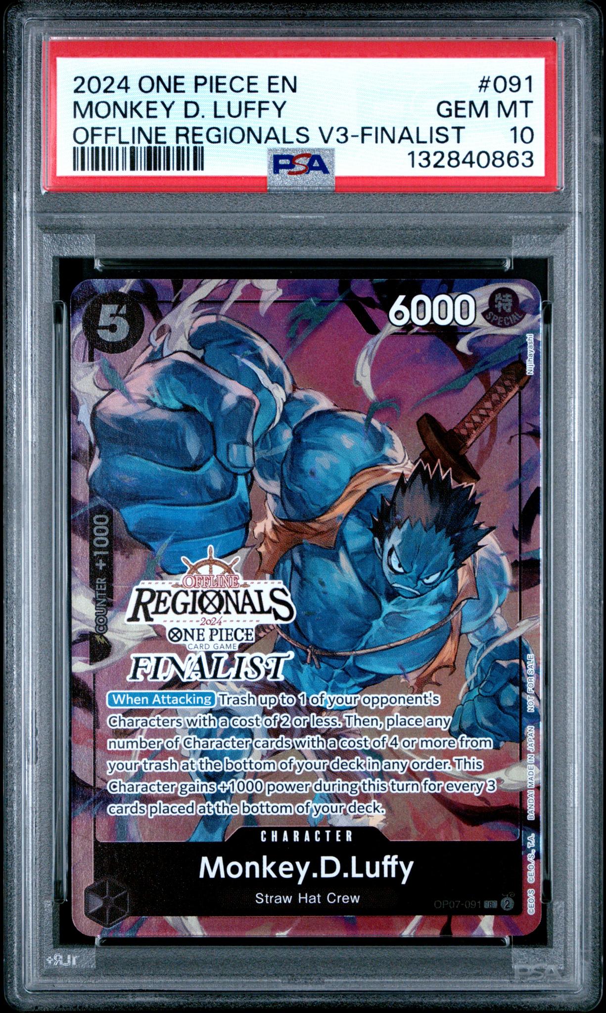 2024 One Piece Promo Offline Regional Volume 3 Finalist Monkey D. Luffy #OP07-091 PSA 10