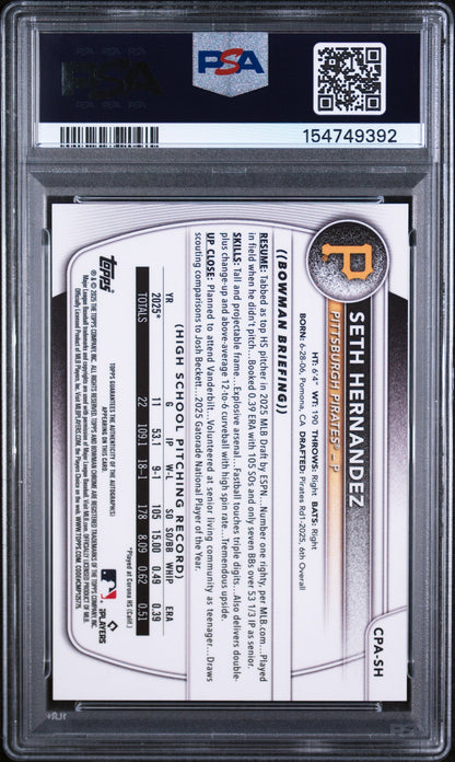 2025 Bowman Chrome Draft Autographs Purple Refractors Seth Hernandez #CPASH /250 PSA 10