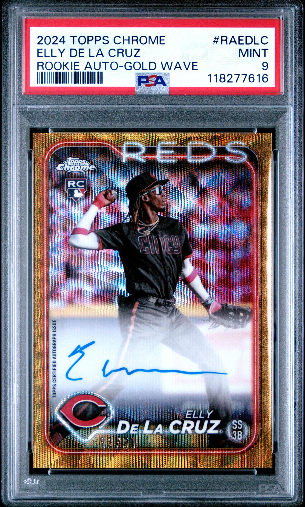2024 Topps Chrome Rookie Autograph Gold Wave Refractor Elly De La Cruz #RAEDLC /50 PSA 9