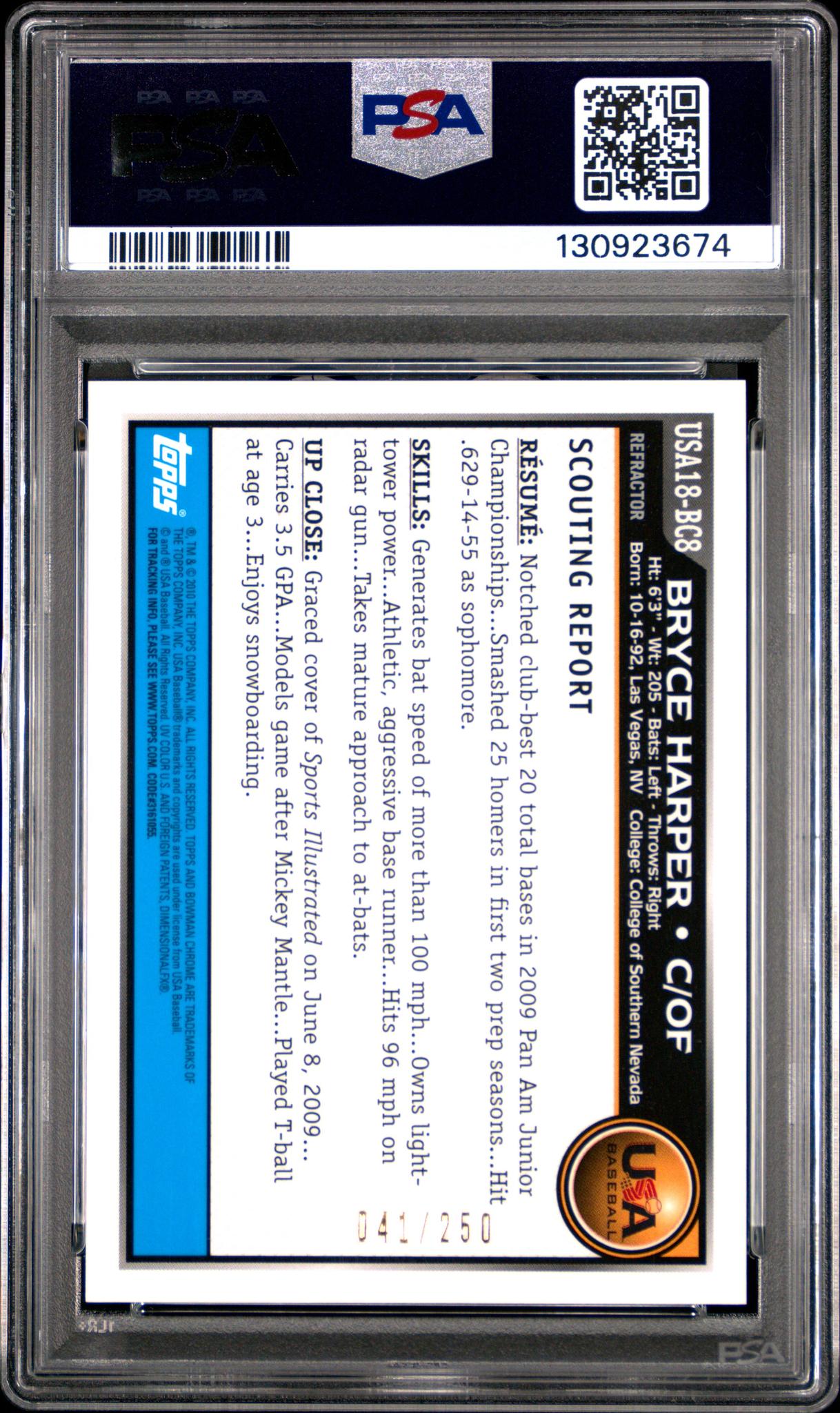 2010 Bowman Chrome 18u USA Baseball Blue Refractor Bryce Harper #18BC8 /250 PSA 9