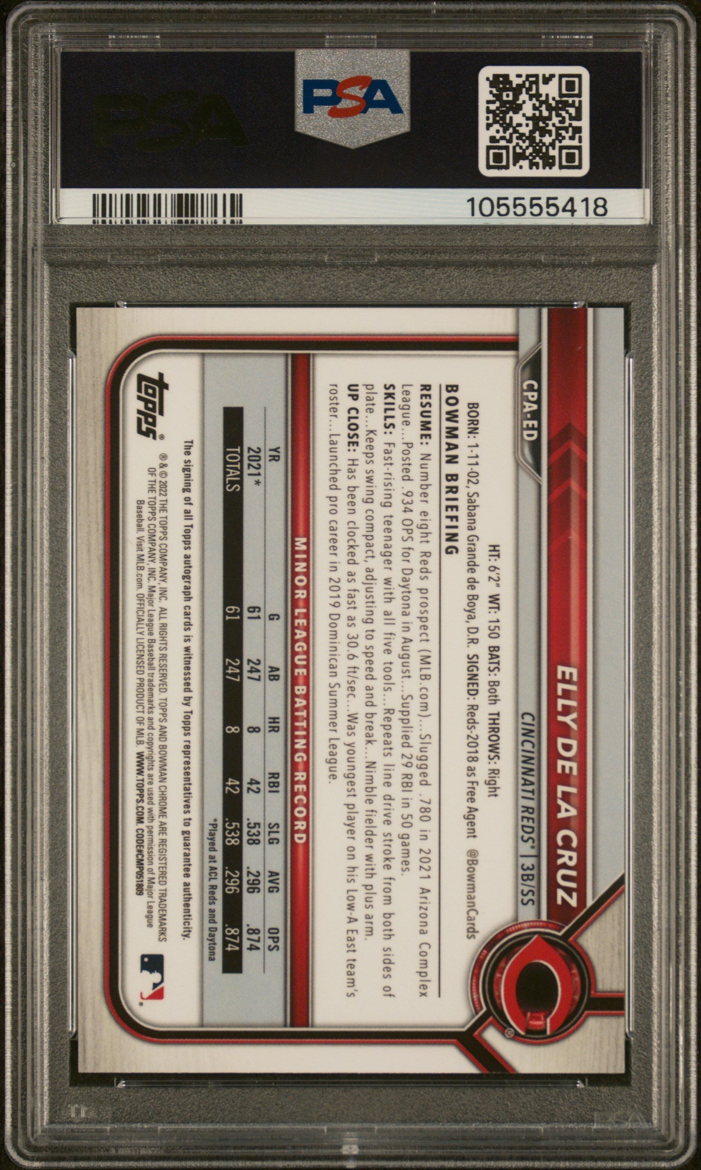 2022 Bowman Chrome Prospect Autograph Purple Refractor Elly De La Cruz #CPAED /250 PSA 9