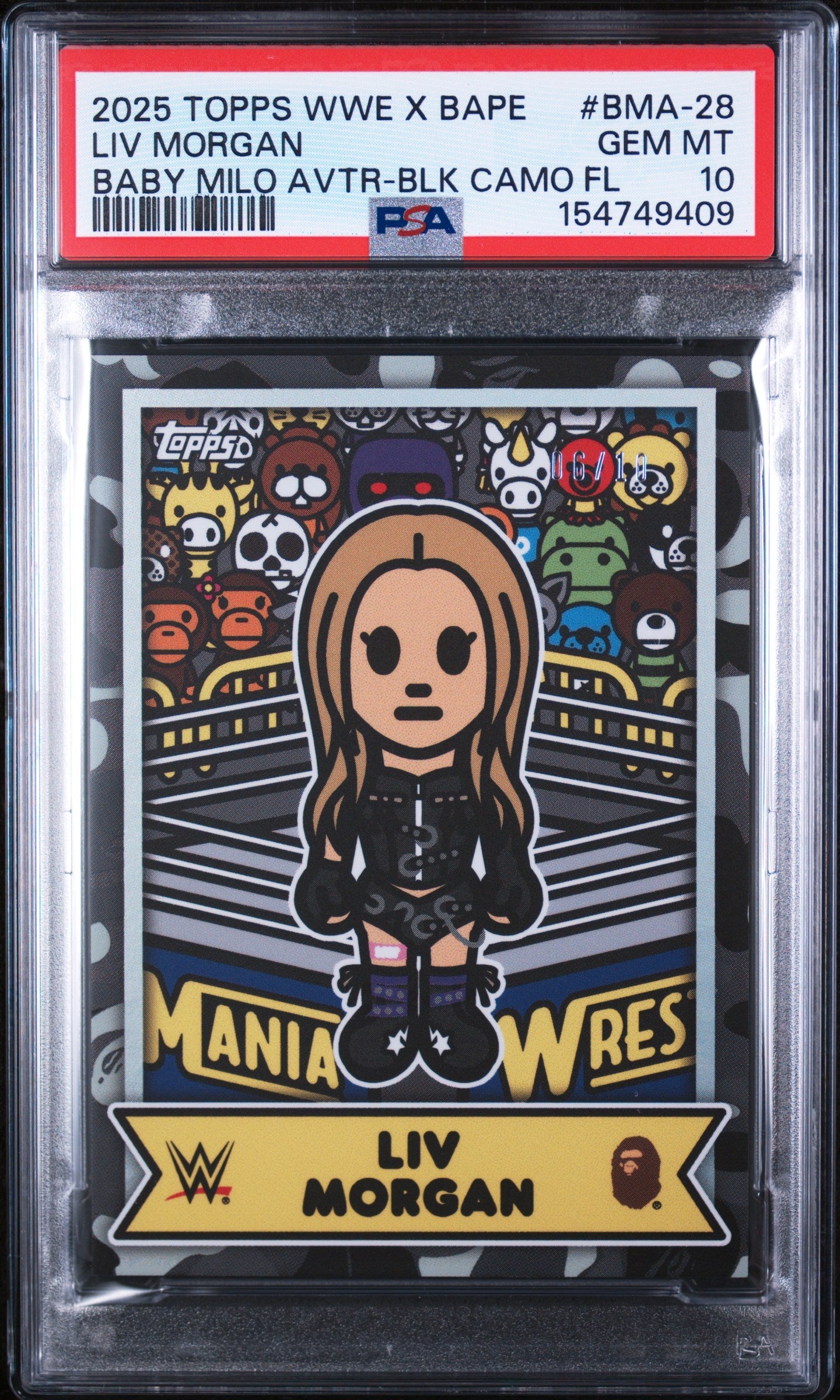 2025 Topps WWE X Bape Baby Milo Avatar Baby Milo Avtr-Blk Camo Fl Liv Morgan #BMA-28 10/10 PSA 10