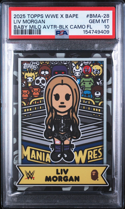 2025 Topps WWE X Bape Baby Milo Avatar Baby Milo Avtr-Blk Camo Fl Liv Morgan #BMA-28 10/10 PSA 10