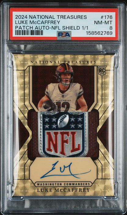 2024 Panini National Treasures Patch Auto-Nfl Shield 1/1 Luke Mccaffrey #176 PSA 8
