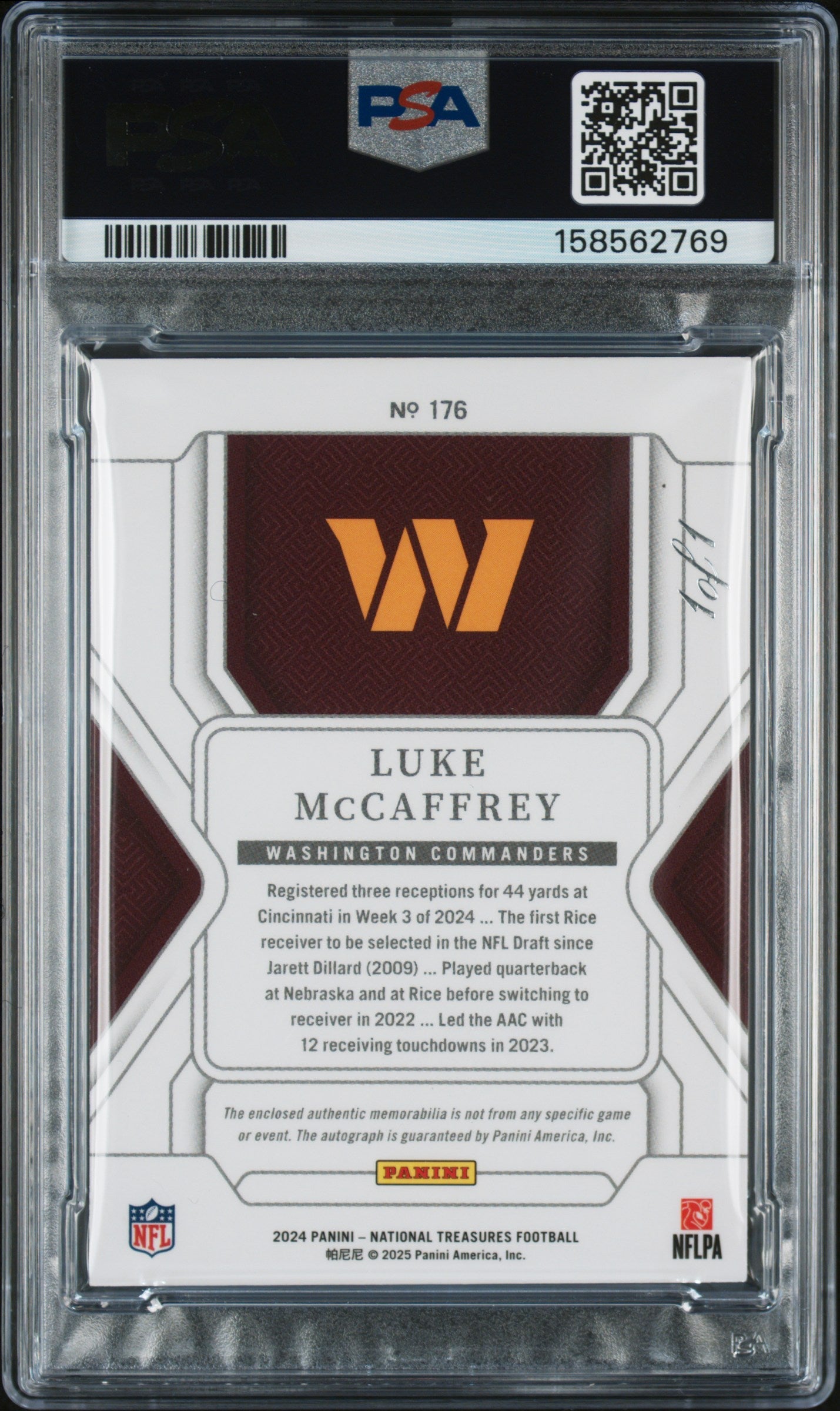 2024 Panini National Treasures Patch Auto-Nfl Shield 1/1 Luke Mccaffrey #176 PSA 8
