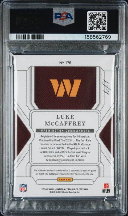2024 Panini National Treasures Patch Auto-Nfl Shield 1/1 Luke Mccaffrey #176 PSA 8