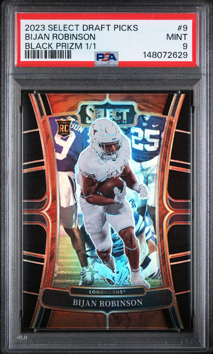 2023 Panini Select Draft Picks Black Prizm 1/1 Bijan Robinson #9 PSA 9