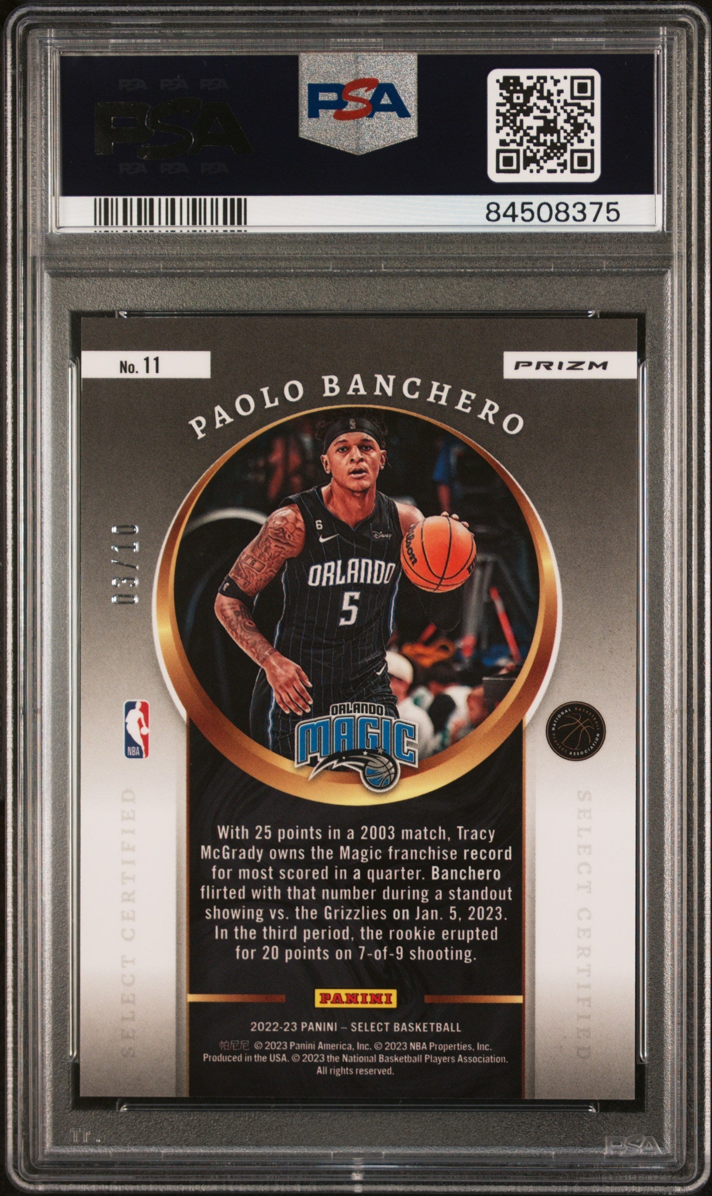 2022 Panini Select Certified Gold Prizm Paolo Banchero #11 /10 PSA 10