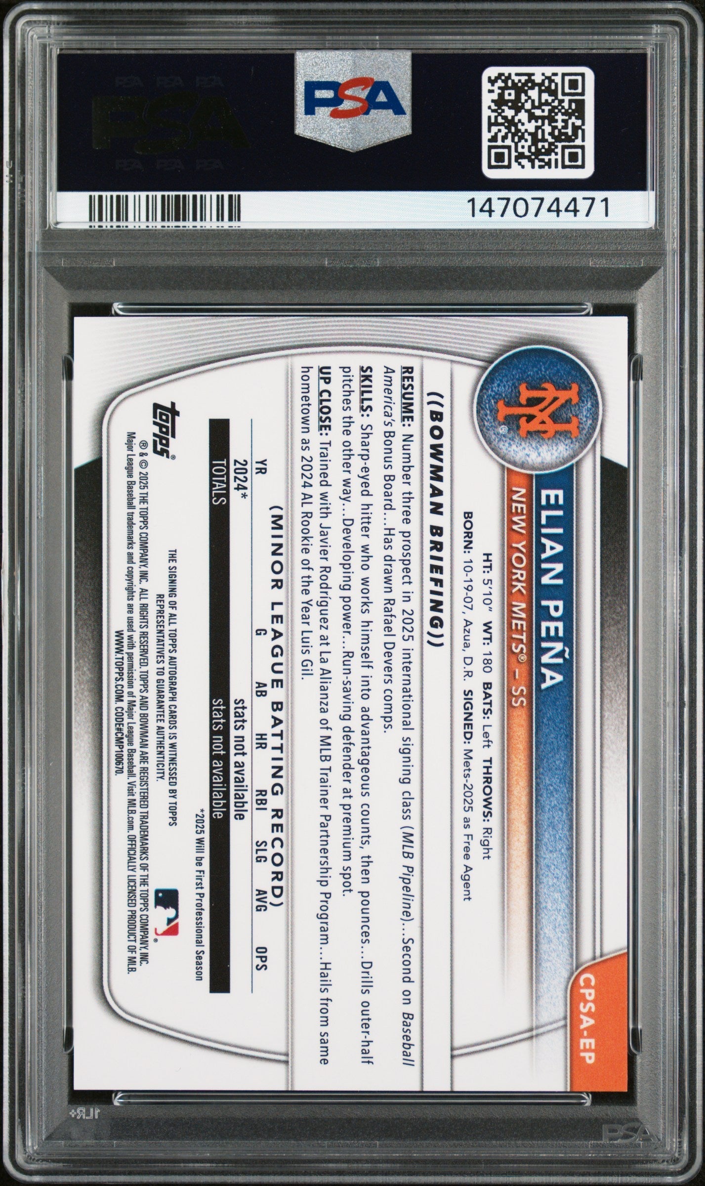 2025 Chrome Sapphire Prospect Autographs Green Refractors Elian Pena #CPSAEP /99 PSA 10