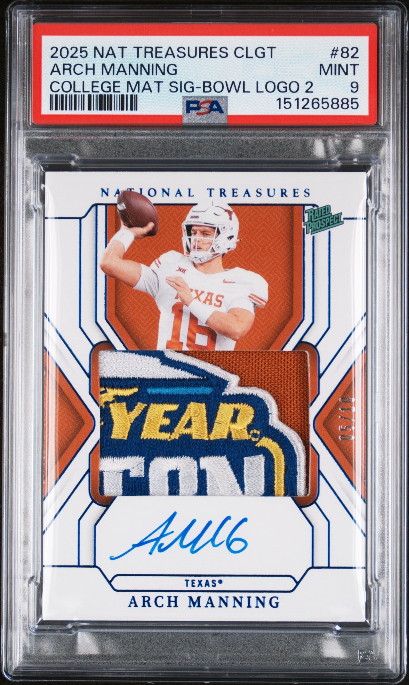 2025 Panini National Treasures Collegiate College Materials Signatures Bowl Logo 2 Arch Manning #82 /10 PSA 9