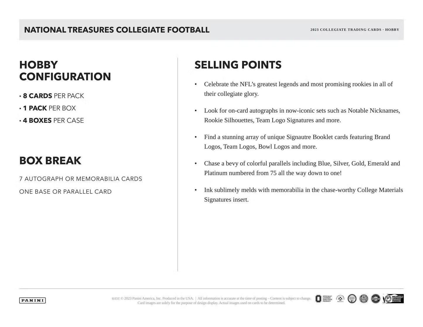 2023 Panini National Treasures Collegiate Football Hobby Box