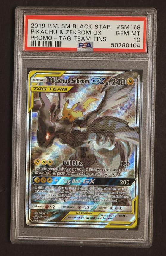 2019 Pokemon Sun and Moon Black Star Promo Tag Team Tins Pikachu/Zekrom Gx #SM168 PSA 10 50780104
