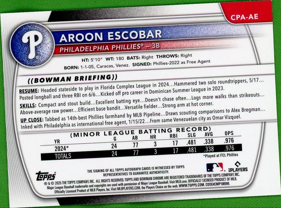 2025 Bowman Chrome CPA-AE Aroon Escobar Prospects Orange Rookie /25 VG Philadelphia Phillies Auto