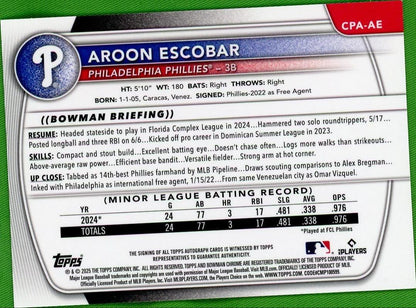 2025 Bowman Chrome CPA-AE Aroon Escobar Prospects Orange Rookie /25 VG Philadelphia Phillies Auto