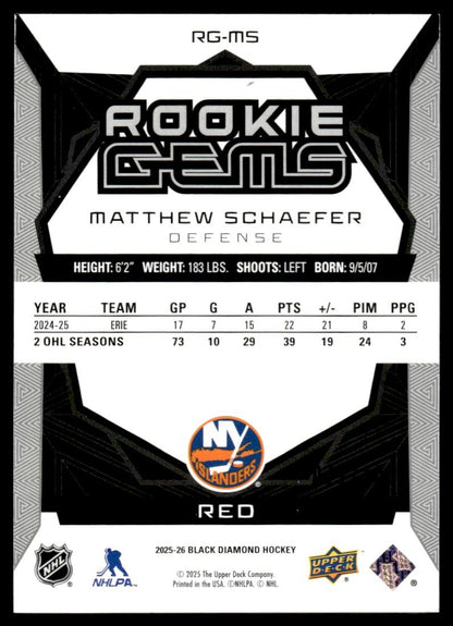2025 The Upper Deck Company Black Diamond RG-MS Matthew Schaefer Rookie Gems Red Rookie VG NY Islanders