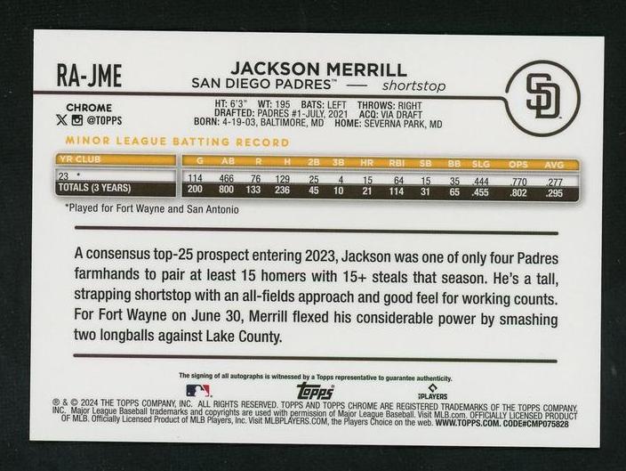 2023 Topps Chrome RA-JME Jackson Merrill Rookie San Diego Padres Auto
