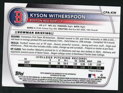 2025 Bowman Draft Kyson Witherspoon Black Refractor 1st Auto /10