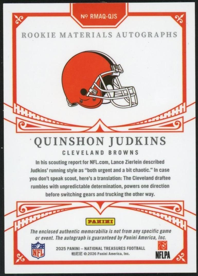 2025 Panini National Treasures Quinshon Judkins Quad Laundry Tag Auto 1/1