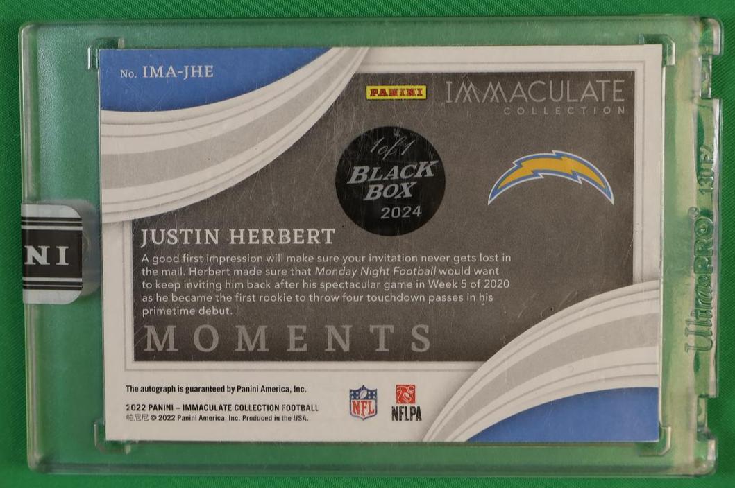 2022 Panini Immaculate IMA-JHE Justin Herbert Moments Chargers Auto