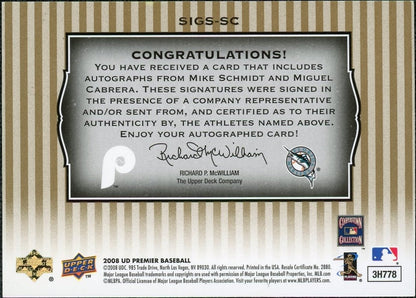 2008 Upper Deck Premier Mike Schmidt & Miguel Cabrera Significant Stars Auto 1/1
