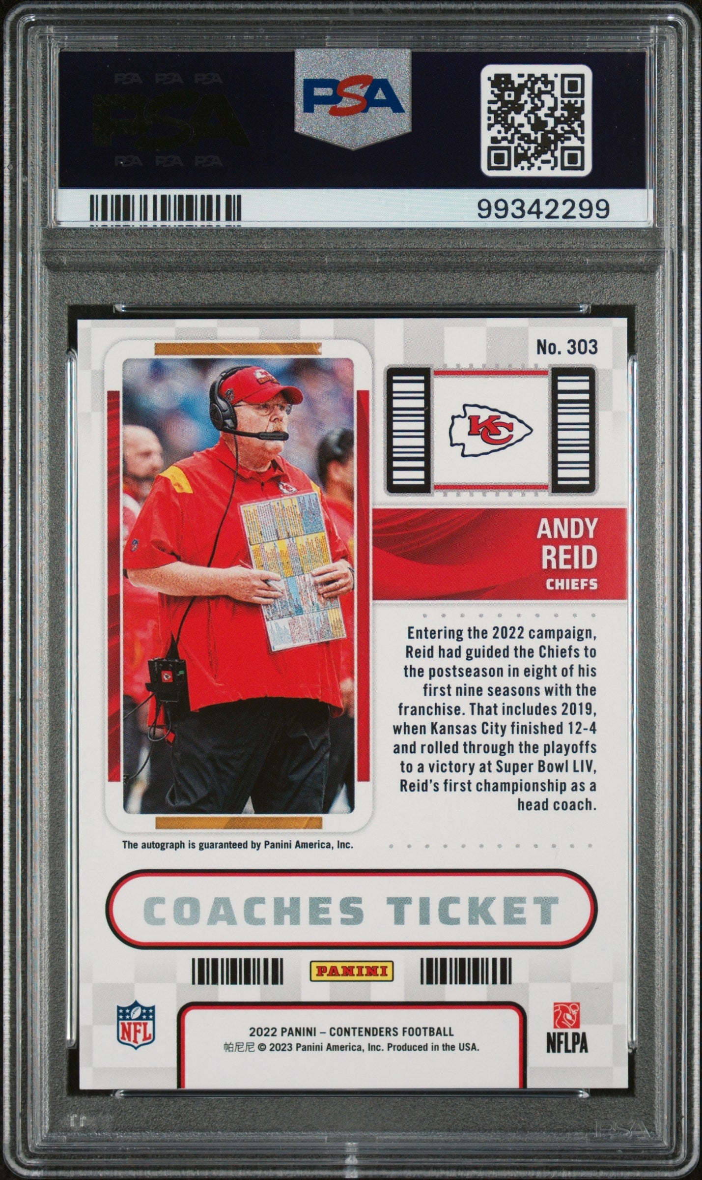 2022 Panini Contenders Coaches Ticket Andy Reid #303 Auto /99 PSA 10