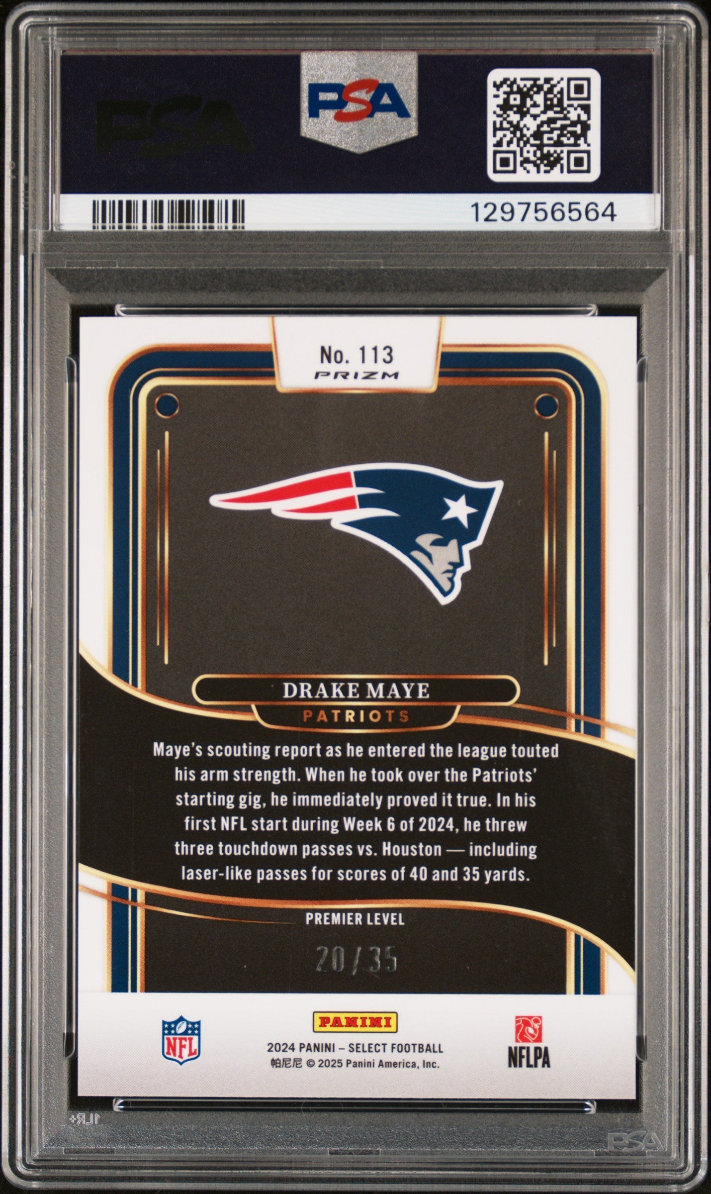 2024 Panini Select Premier Level White Prizm Drake Maye #113 /35 PSA 9