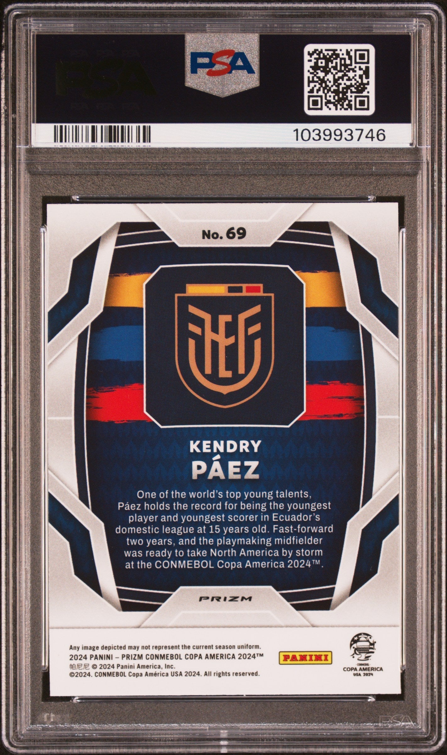 2024 Panini Prizm Conmebol Copa America White Sparkle Kendry Paez #69 PSA 10