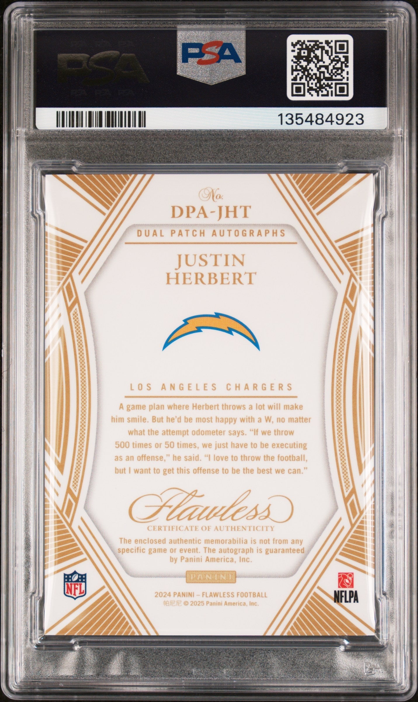 2024 Panini Flawless Dual Patch Autograph Sapphire Justin Herbert #DPA-JHT /10 PSA 8