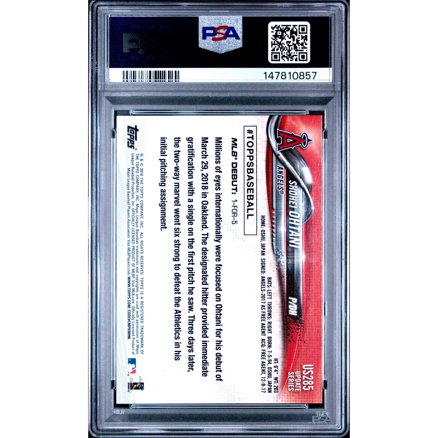 2018 Topps Update Shohei Ohtani #US285 PSA 8