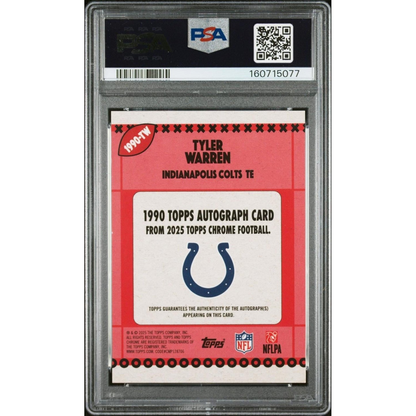 2025 Topps Chrome 1990 Topps Autographs Tyler Warren #TW Orange Ref PSA 9