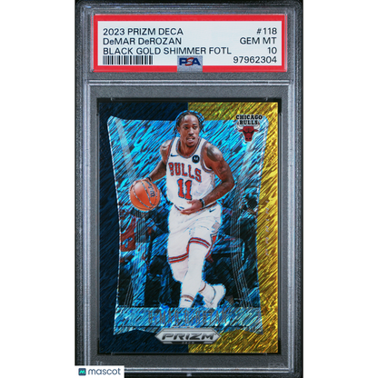 2023 Panini Prizm Deca DeMar DeRozan #118 Black Gold Shimmer Fotl PSA 10