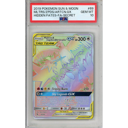 Pokemon Graded: Moltres & Zapdos & Articuno GX 69/68 Hidden Fates (2019) Rainbow Holo PSA 10