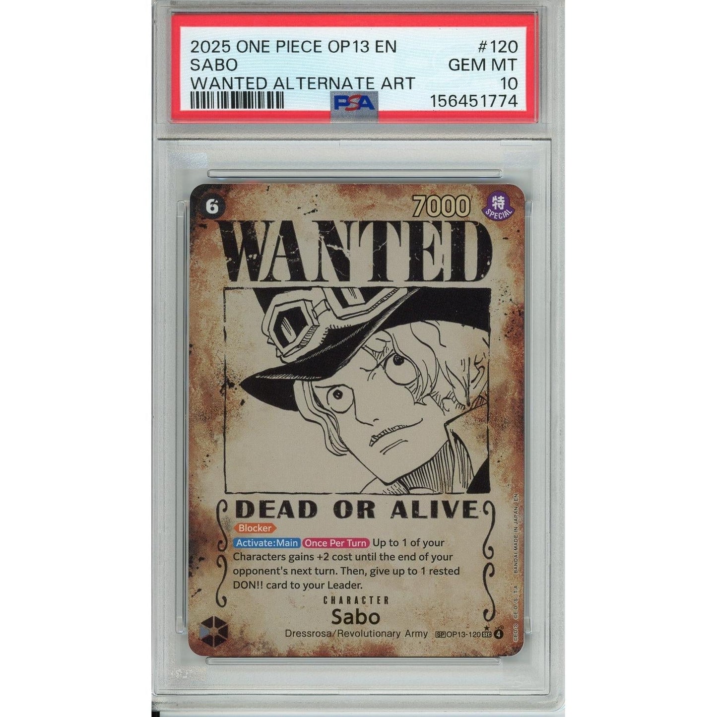 One Piece Graded: Sabo Wanted Poster OP13-120 Carrying On His Will PSA 10