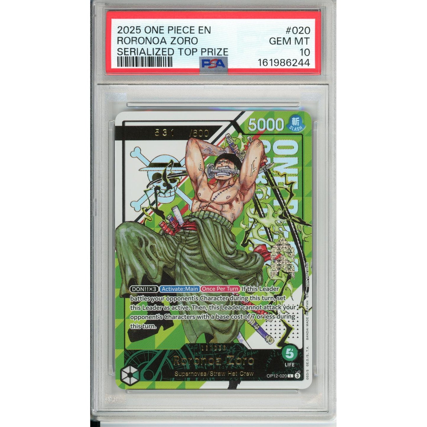 One Piece Graded: Roronoa Zoro 2025 #20 Serialized Top Prize