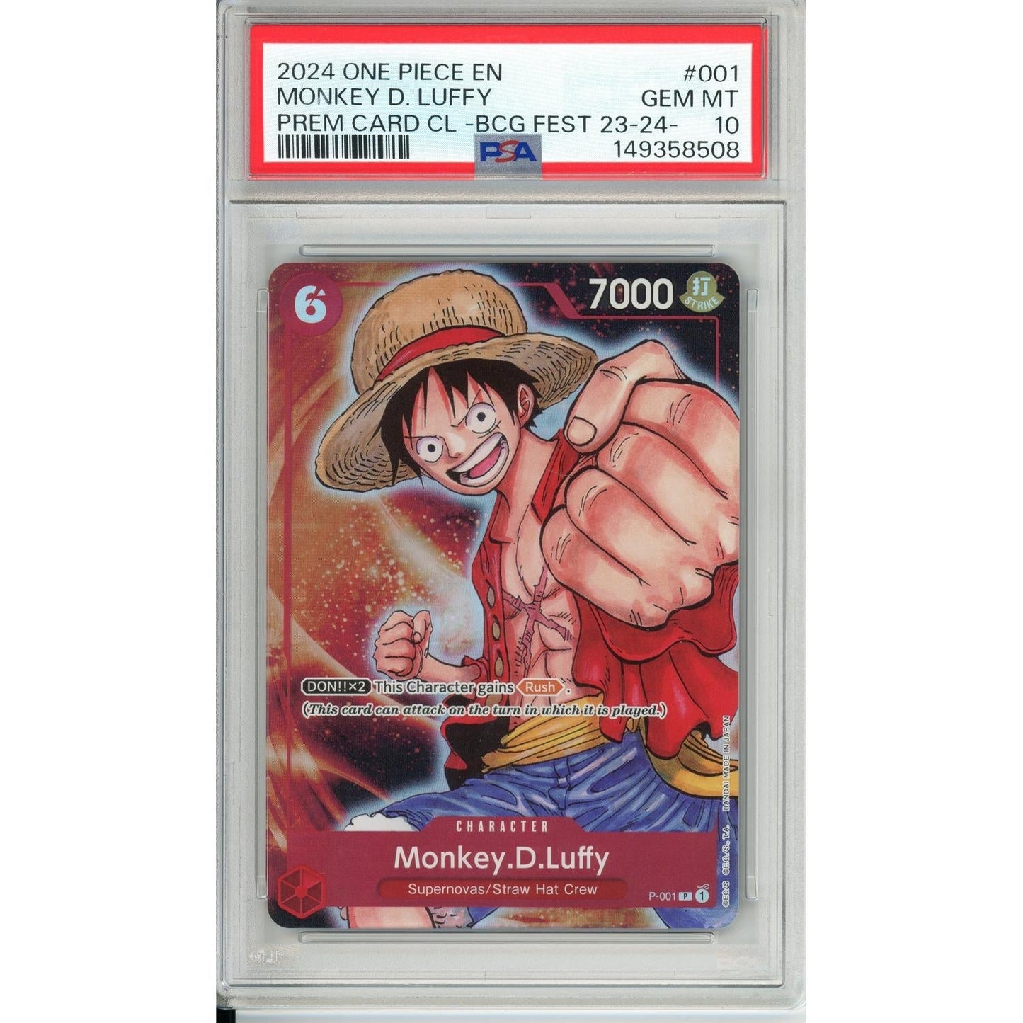 One Piece Graded: Monkey D. Luffy P-001 Premium Card Collection BCG Fest 23-24 PSA 10