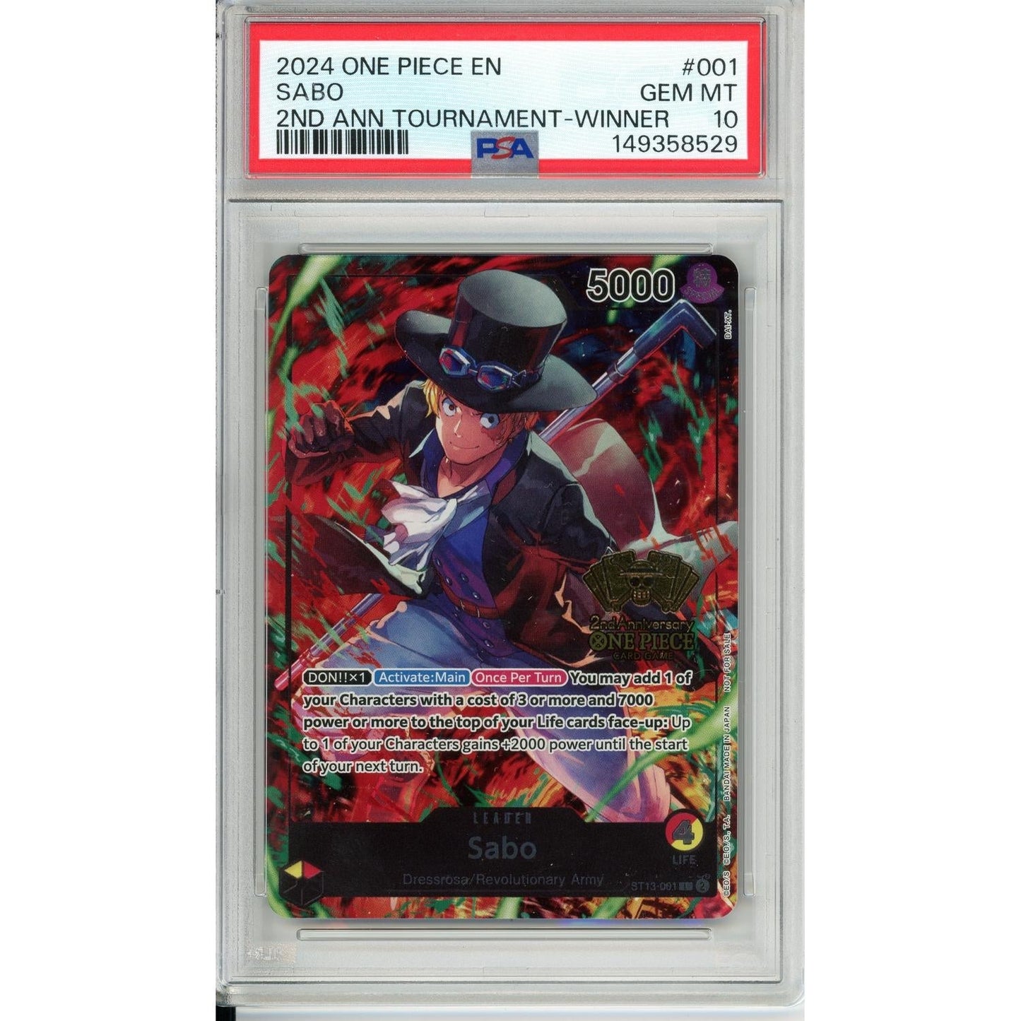 One Piece Graded: Sabo ST13-001 2nd Anniversary Tournament Winner PSA 10