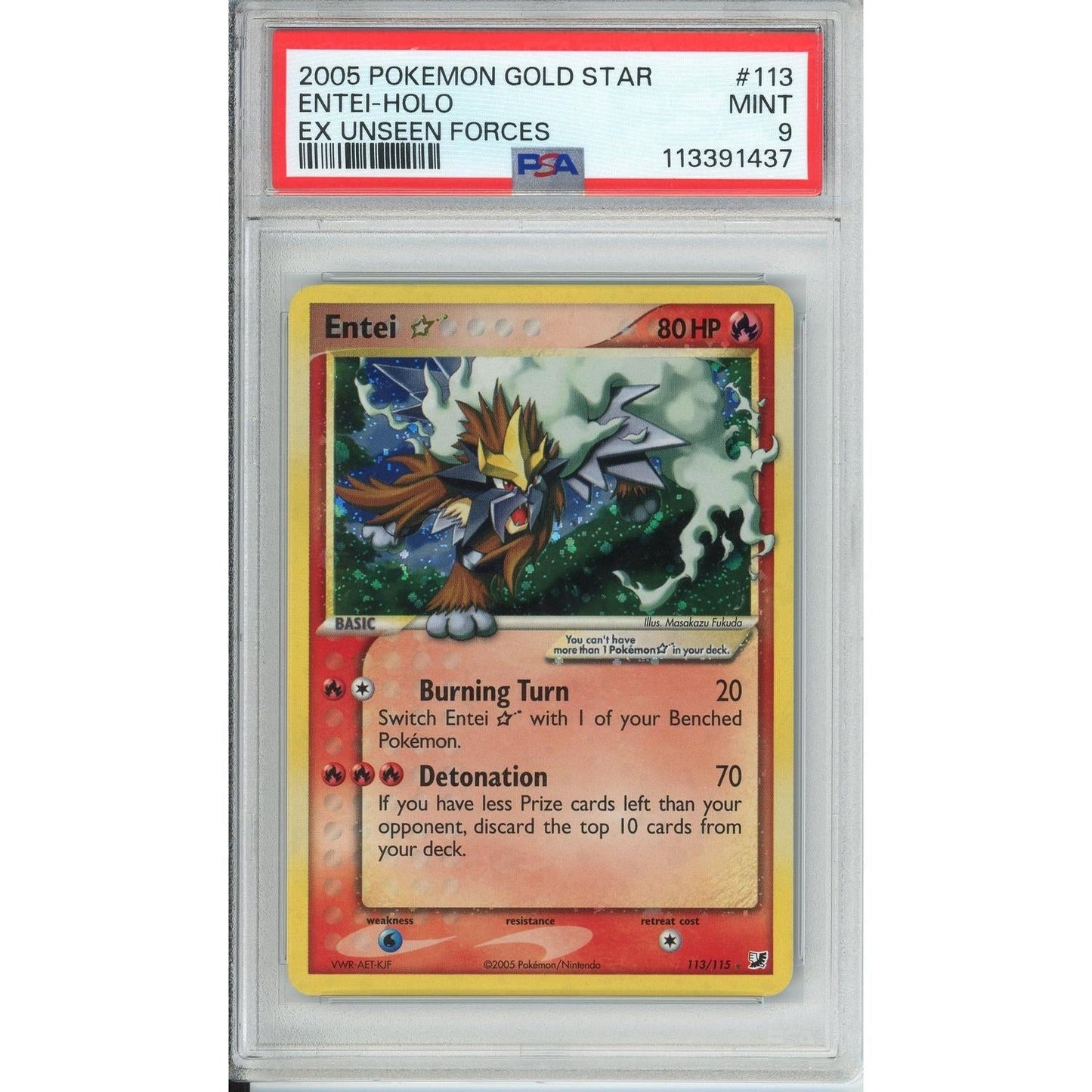 Pokemon Graded: Entei Gold Star 113/115 Ex Unseen Forces (2005) Holo PSA 9