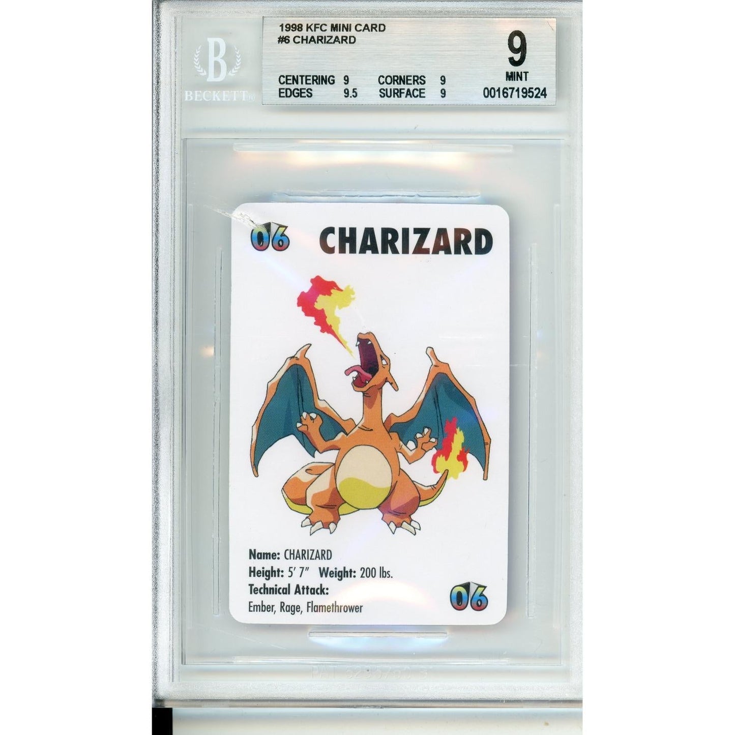 Pokemon Graded: 1998 KFC Mini Card Charizard #6 Beckett 9 MINT