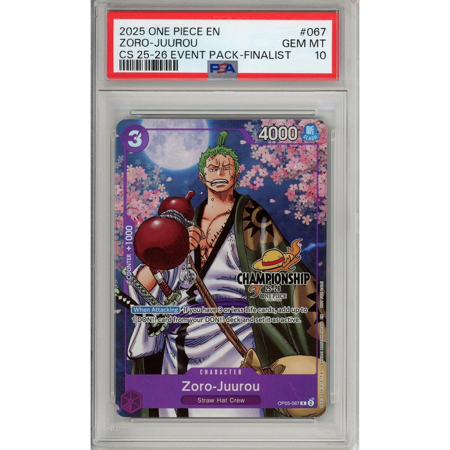 One Piece Graded: Zoro-Juurou OP05-067 Championship 25-26 Event Pack-Finalist PSA 10