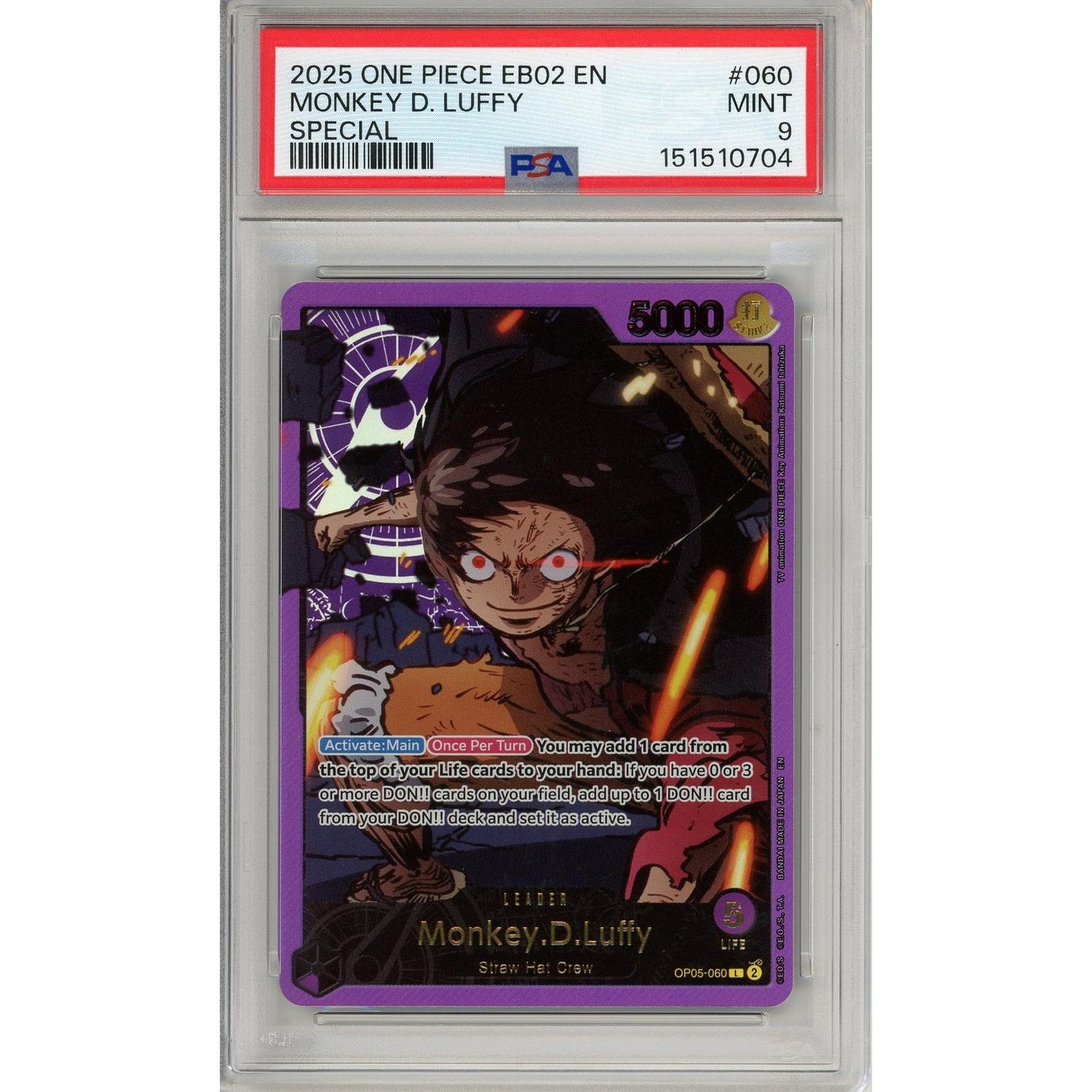 One Piece Graded: Monkey.D.Luffy OP05-060 Extra Booster: Anime 25th Collection PSA 9