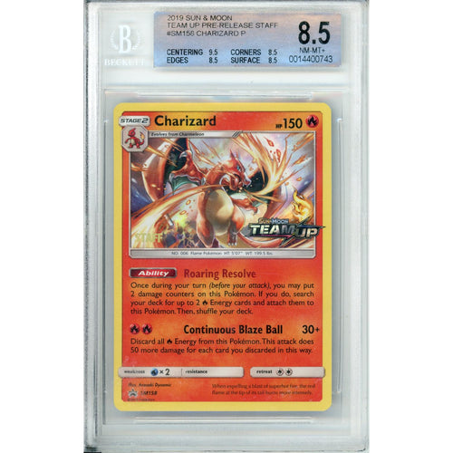 Pokemon Graded: Charizard #SM158 Team Up Prerelease Staff (2019) Beckett 8.5