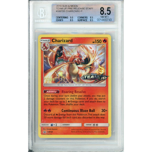 Pokemon Graded: Charizard #SM158 Team Up Prerelease Staff (2019) Beckett 8.5