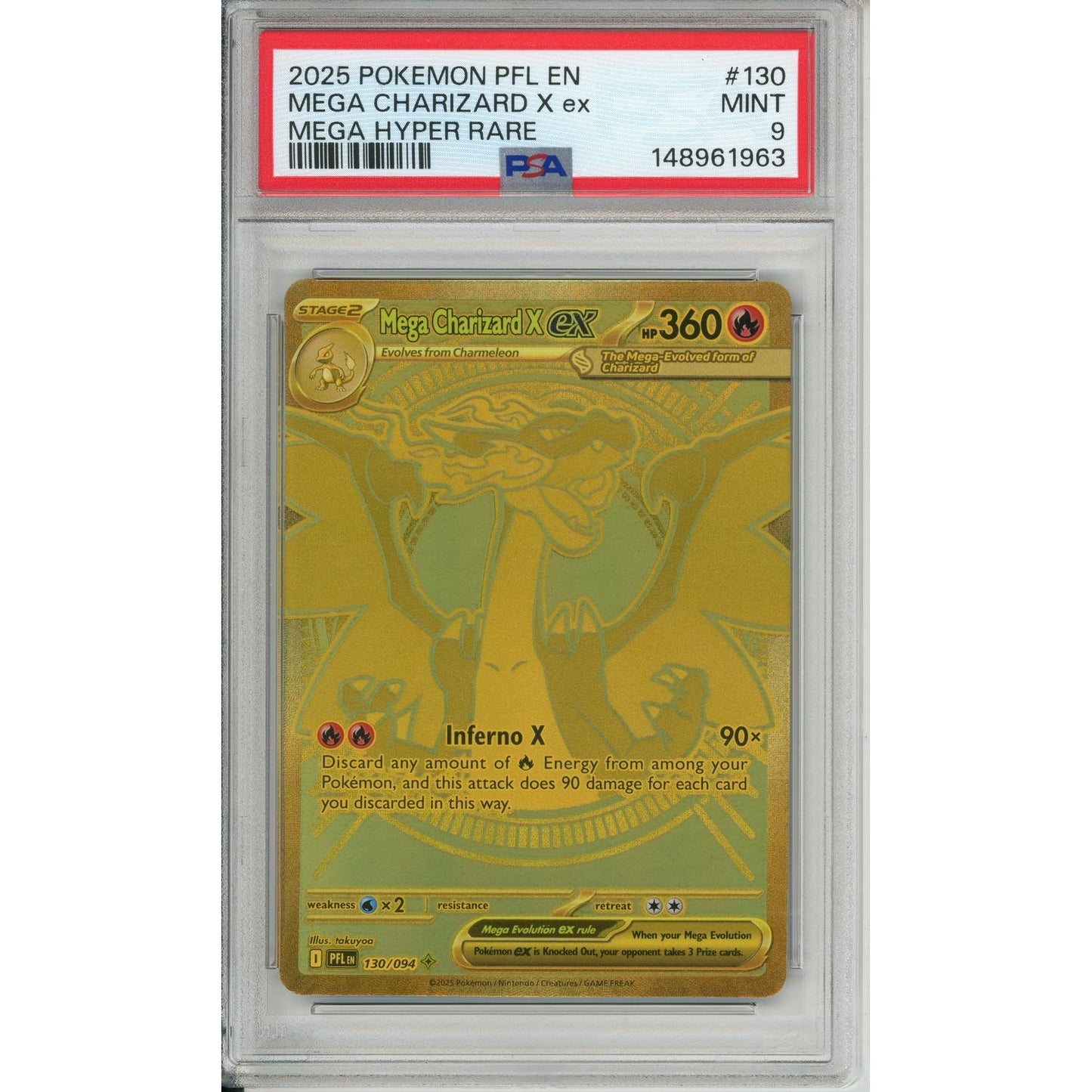 Pokemon Graded: Mega Charizard X ex 130/94 Phantasmal Flames (2025) Gold Hyper Rare PSA 9