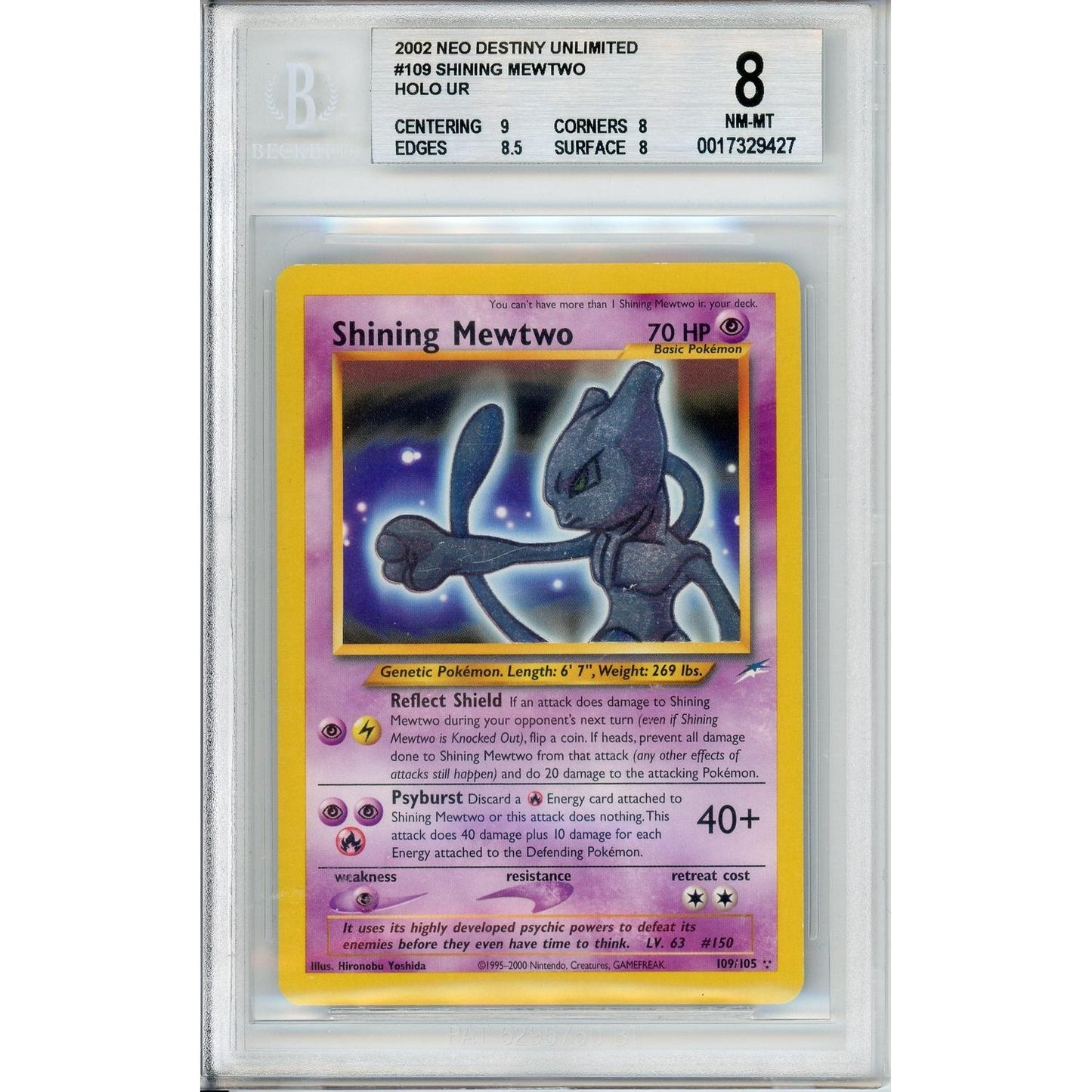 Pokemon Graded: Shining Mewtwo 109/105 Neo Destiny Unlimited (2002) Holo Beckett 8