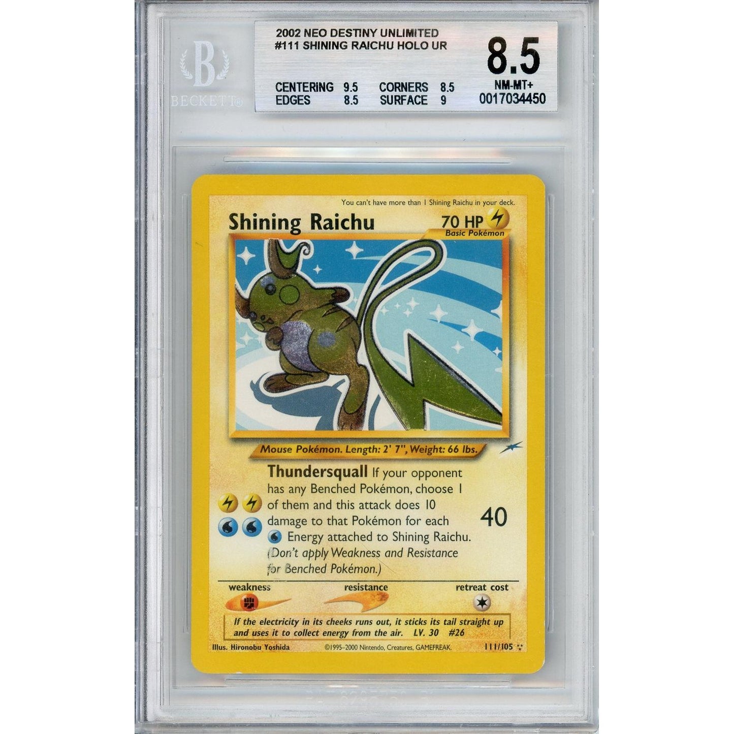 Pokemon Graded: Shining Raichu 111/105 Neo Destiny Unlimited (2002) Holo Beckett 8.5